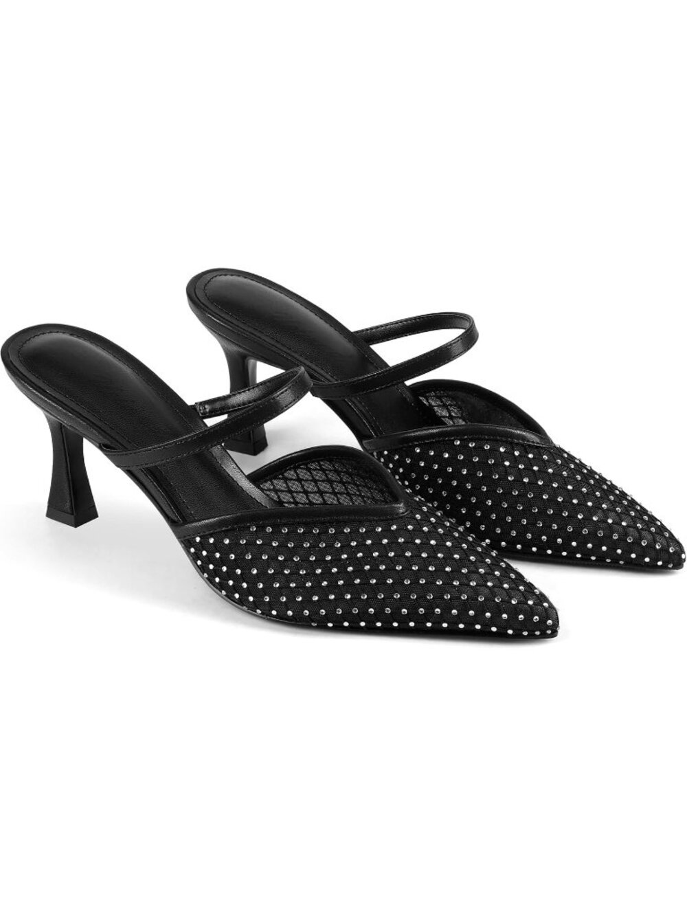 Women's Black-Rhinestone High Heel Mules Pointy Toe Pumps Memory Foam Insole